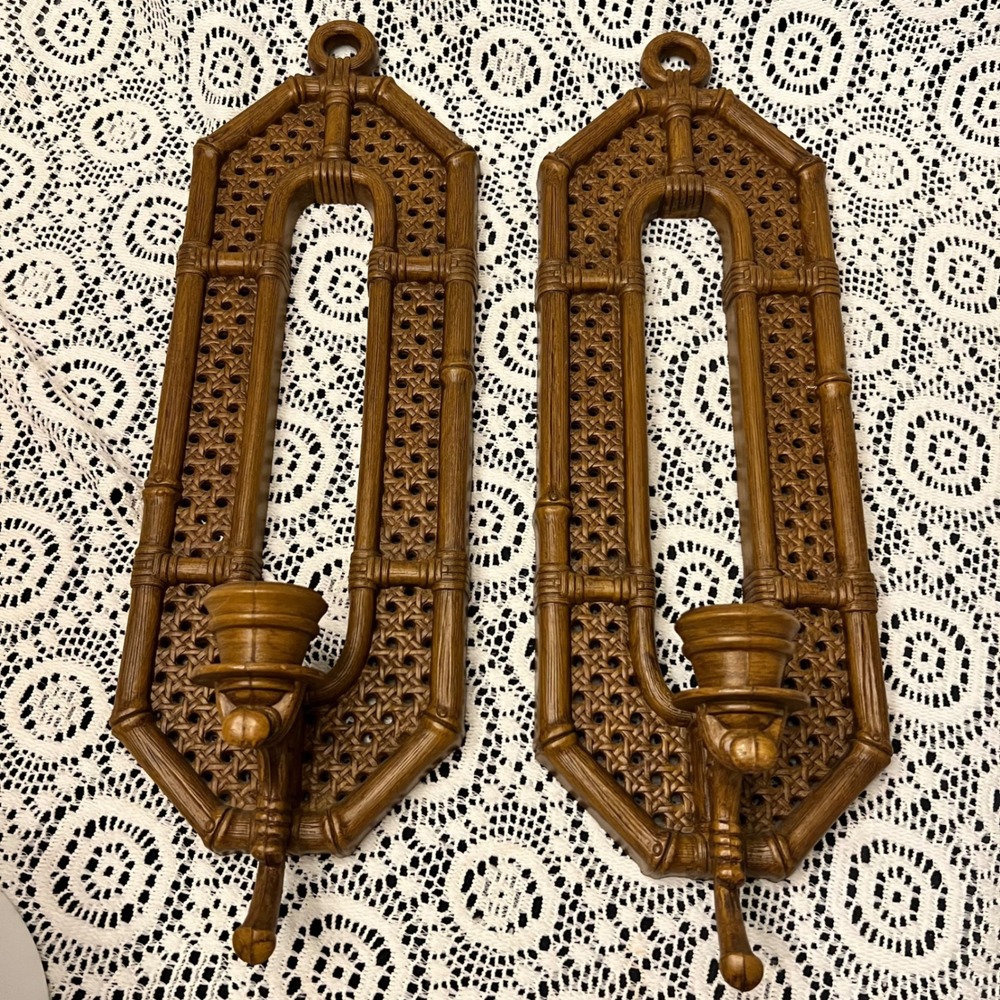 Vintage 1980 Burwood Plastic Resin Bamboo Sconce | Set of 2 | Boho